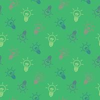 Hand drawn colorful light bulbs on green background, seamless pattern, flat vector
