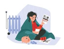 A girl wrapped in a blanket sits on the floor. Apartment bill. Debts for utility bills. Concept. Vector image.