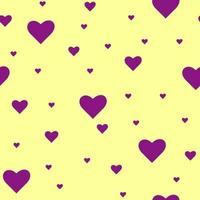 Violet hearts different sizes on yellow background. Seamless vector pattern.