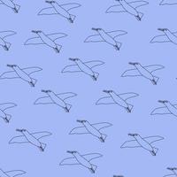 Bird albatross in seamless pattern on violet background. Contour vector line art.