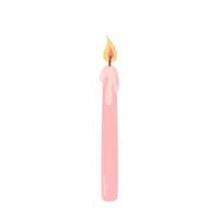 Lit pink candle with dripping wax on white background, vector flat illustration