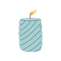 Lit candle in blue candlestick, vector flat illustration on white background