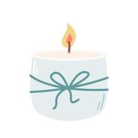 Lighted candle in glass candlestick on white background, vector flat illustration