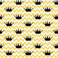 Vector seamless pattern. Princess black crown on zigzag white-yellow background. Holiday, wrapping, paper, gift, present, cloth, fabric, Christmas, baby, birthday, new year and Royal concept.