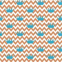 Vector seamless pattern. Princess blue crown on zigzag white-gold background. Holiday, wrapping, paper, gift, present, cloth, fabric, Christmas, baby, birthday, new year and Royal concept.