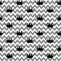 Vector seamless pattern. Princess black crown on zigzag white and white background. Holiday, wrapping, paper, gift, polite and Royal concept.
