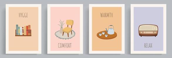 4 collections of autumn vector with a warm, hygge and cozy atmosphere. Flat illustrations of a bookshelf, bench on warm carpet, hot chocolate, kettle and old radio.