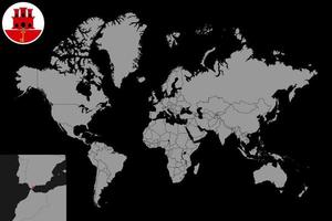 pin mapa con la bandera de gibraltar en el mapa mundial. ilustración vectorial vector