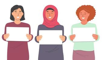 Girls with a poster in their hands. Different women are fighting for their rights. A Muslim woman in a hijab with a female with her head uncovered. Vector graphics.