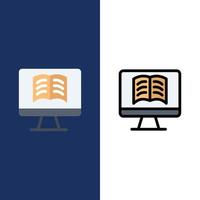 Computer Book OnTechnology  Icons Flat and Line Filled Icon Set Vector Blue Background