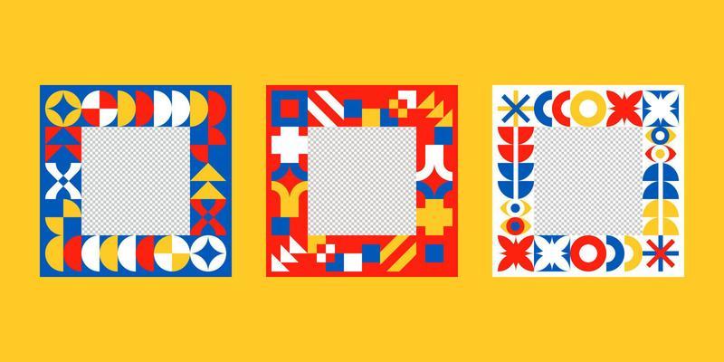 Abstract colorfull square photo frames. Neoplasticism, Bauhaus style borders for picture. Red yellow blue Mondrian colors simple shapes decor. Home interior, memories vector illustration