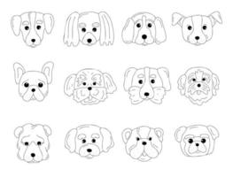 Line art popular dog breeds faces. Canine breeds cute muzzle in doodle style set. Ink hand drawn heads funny puppies. Pets portrait contour simple kids style vector illustration for card print tattoo