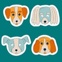 Cute dogs muzzle sticker set. Doodle color funny puppy faces. Dog heads. Different popular dog breeds. Flat canine portrait vector illustration for card print invitation cover