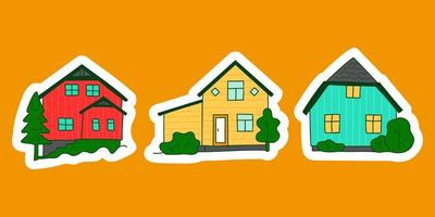 Scandinavian cute rustic houses stickers set. Bright red blue yellow nordic house facades. Typical norway rural buildings. Northern facades made of sandwich panels. Vector illustration for card