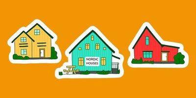 North Europe cute rustic houses stickers set. Bright red blue yellow nordic house facades. Typical norway rural architecture. Northern facades made of sandwich panels. Vector illustration for card