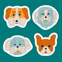 Cute dogs muzzle sticker set. Doodle color funny puppy faces. Dog heads. Different popular dog breeds. Flat canine portrait vector illustration for card print invitation cover