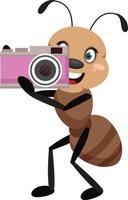 Ant with camera, illustration, vector on white background.