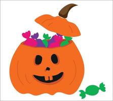 calabaza aterradora con dulces de halloween. linterna de calabaza, símbolo de halloween. plantilla de diseño sobre un fondo claro. dibujo vectorial vector