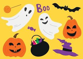 Set of elements for Halloween. Cute ghosts and pumpkin lanterns. Isolated vector illustration. Vector typography. Children's party.