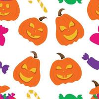 Seamless pattern with funny pumpkins and Halloween candies. Pumpkin lantern, Halloween symbol. Design template on a light background. Vector drawing.