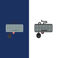 interfaz de dispositivo teclado ratón obsoletos iconos planos y llenos de línea conjunto de iconos vector fondo azul