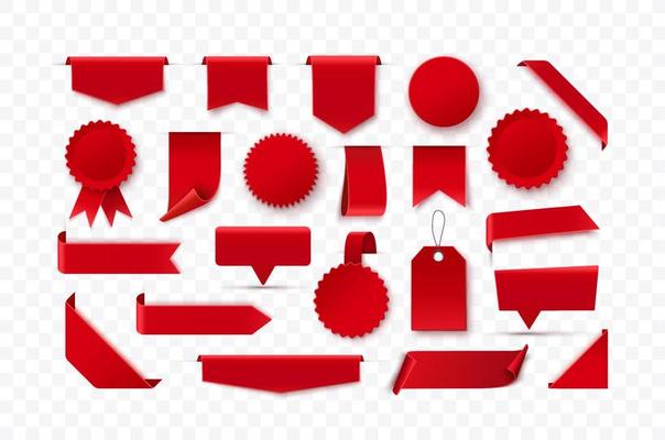 Set Of Blank Red Ribbons, Tags, Badges, And Labels Isolated.