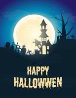 Halloween Background with Full Moon. Castle, ghosts and graveyard. Vector illustration.