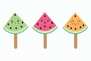 Kawaii style popsicles on a stick in the shape of a watermelon. Fun at sea. Holiday accessories. Vector illustration isolated on white background.