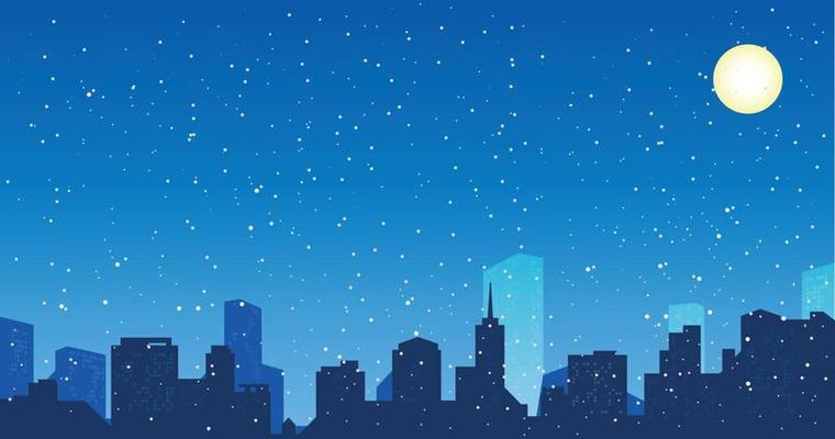 Night cityscape Christmas background with falling snow, and lights. The city in the winter during the night.
