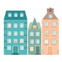 A set of 3 cartoon facades of houses. Colorful flat isolated illustrations. A row of colored houses, vector illustration.
