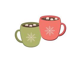 Hot chocolate with marshmallows. Two cups with an ornament in the form of a snowflake. Vector illustration.