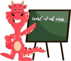 Red dragon is pointing on a blackboard, illustration, vector on white background.