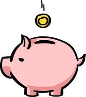 Piggy with coin, illustration, vector on white background.