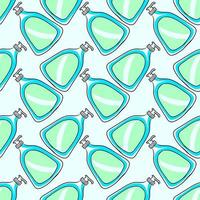 Soap in bottle, seamless pattern on blue background. vector