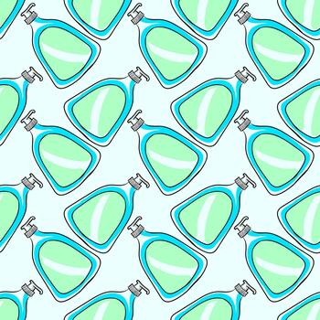 Soap in bottle, seamless pattern on blue background. vector