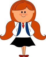 Little schoolgirl with red hair, illustration, vector on white background.