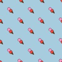 Scoops of ice cream in a cone ,seamless pattern on light blue background. vector