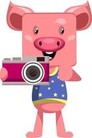 Pig with camera, illustration, vector on white background.