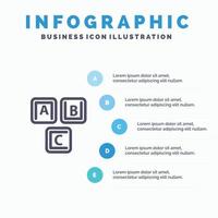 abc bloques conocimiento básico del alfabeto plantilla de infografía azul plantilla de icono de línea de vector de 5 pasos