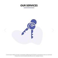 Our Services Key Keys Security Room Solid Glyph Icon Web card Template vector