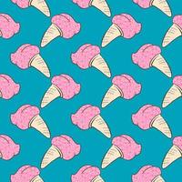 Pink ice cream in a cone , seamless pattern on a blue background. vector