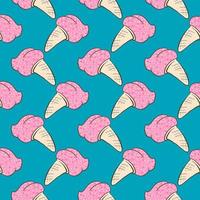 Pink ice cream in a cone , seamless pattern on a blue background. vector