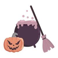 Pumpkin, witches cauldron, broom. Halloween concept. Flat vector illustration on white background. Happy Halloween poster.