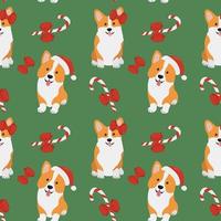 Seamless patten with  corgis in Santa Claus hat and caramels. Background for wrapping paper,  greeting cards and seasonal designs. Merry Christmas and Happy new year. vector