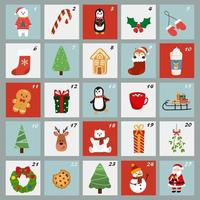 calendario de adviento de navidad con elementos lindos. cartel divertido de navidad. calendario de cuenta regresiva. ilustración vectorial vector