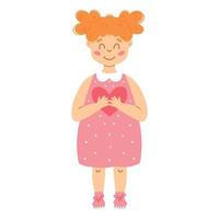 Cute little girl in a dress with a heart in her hands. Drawn style. Vector illustration. Redhead girl isolated.