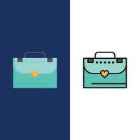 bolsa maletín iconos de amor plano y conjunto de iconos llenos de línea vector fondo azul