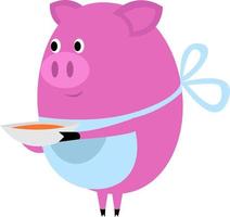 Pig with bowl of soup, illustration, vector on white background.