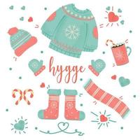 Hygge Autumn and winter design. sweater hat mittens and boots with a snowflake. watercolor drawing vector