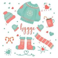 Hygge Autumn and winter design. sweater hat mittens and boots with a snowflake. watercolor drawing vector